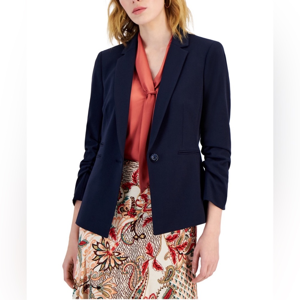 Tahari ASL Women’s Navy Blue Ruched Sleeve Blazer Size 10